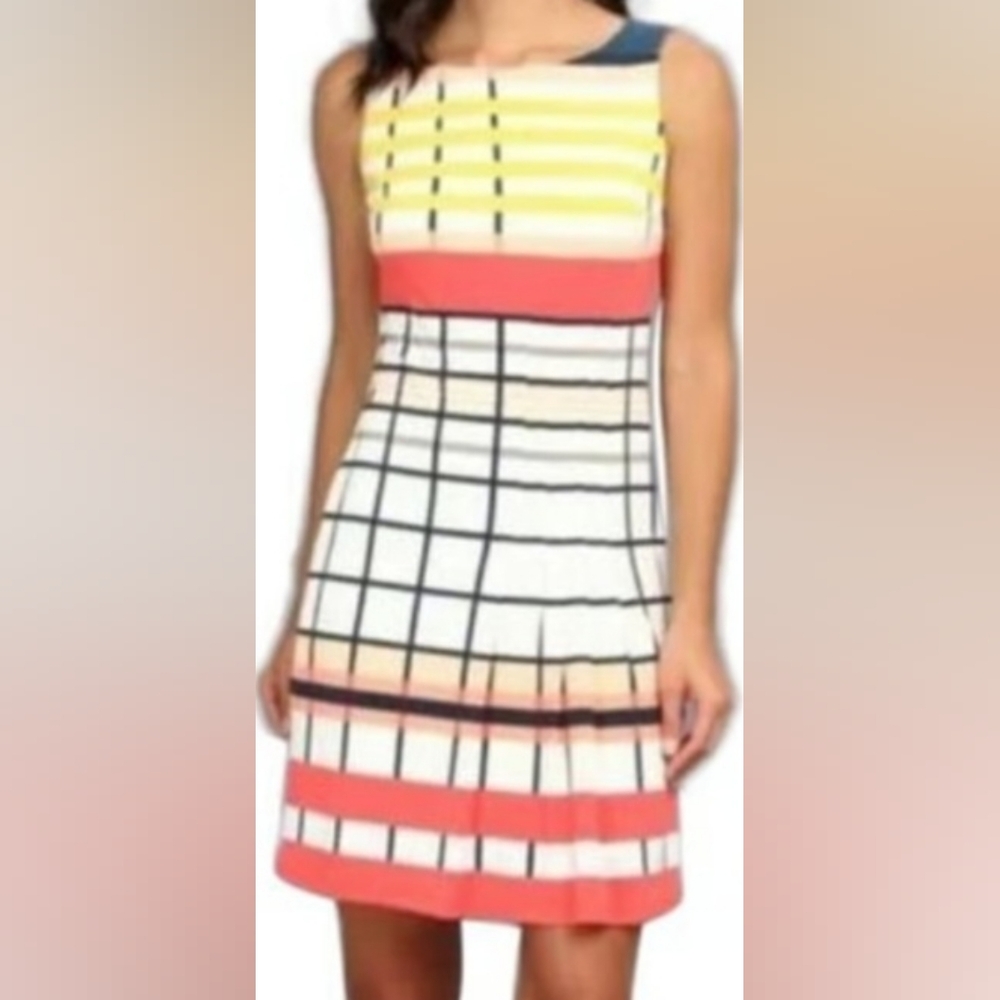 Donna Morgan Colorful Striped, Side Pleated Sleeveless Dress